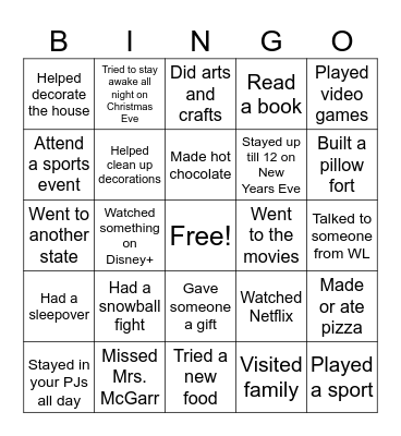 Back from Break BINGO Card