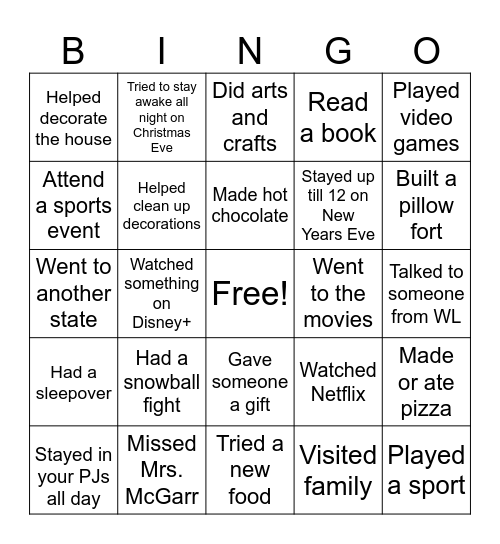 Back from Break BINGO Card