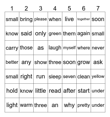 Sight Words Bingo Card