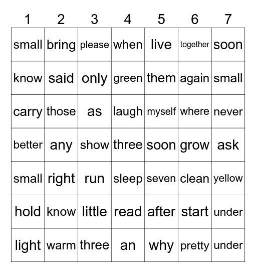 Sight Words Bingo Card