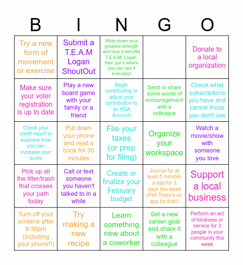 Week 1 - Wellness Bingo Card