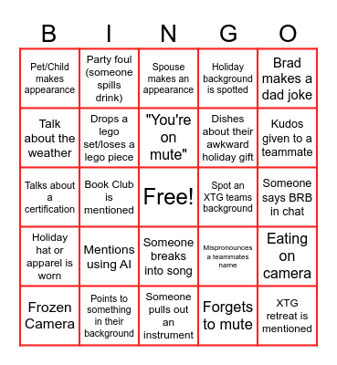 XTG New Year Party Bingo Card