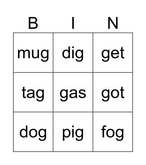Letter G Bingo Card