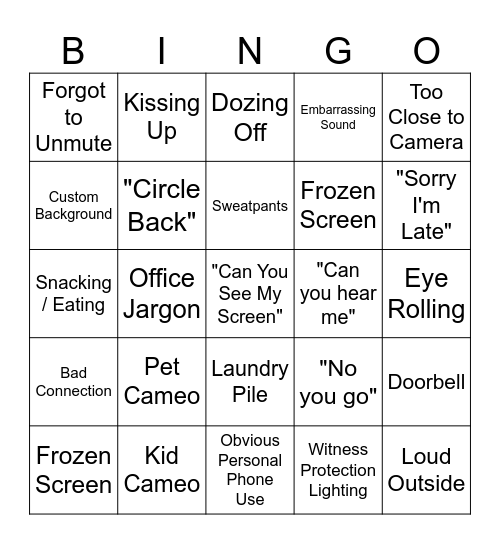 Work From Home Bingo Card