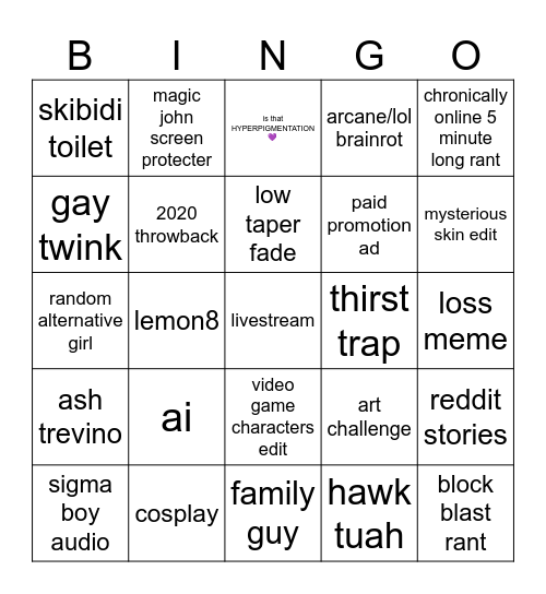 tiktok bingo Card