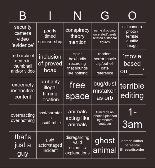 ghost video Bingo Card