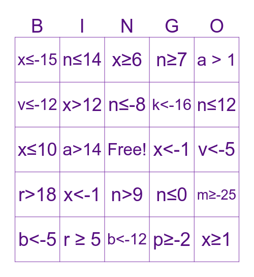 Inequalities Bingo Card