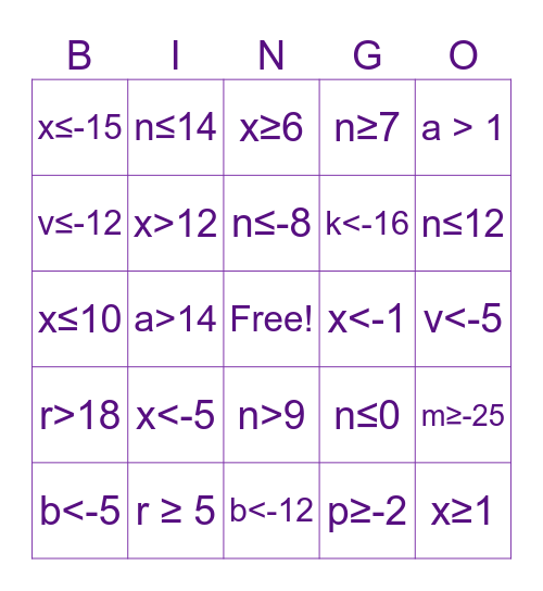 Inequalities Bingo Card