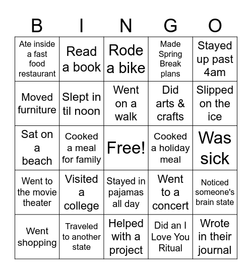 What'd you do over Winter Break? Bingo Card