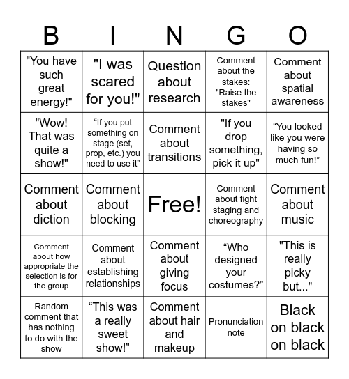 Adjudicator Bingo Card