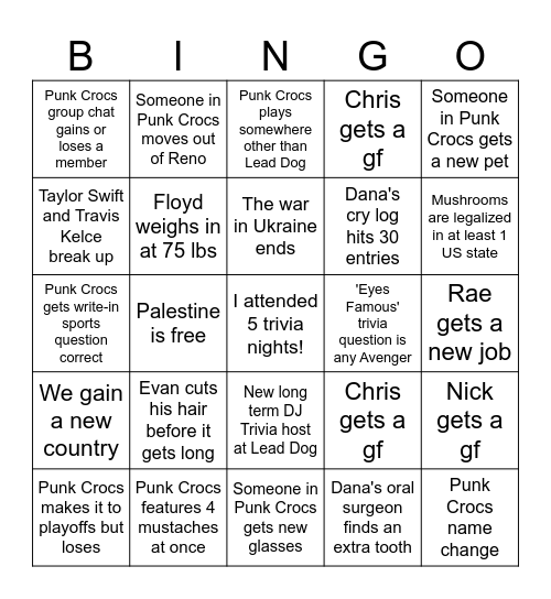 Punk Crocs 2025 Bingo Card
