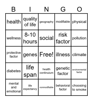 Health Unit 1 Bingo Card
