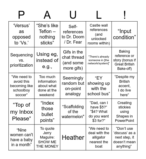Paul Mee Bingo Card