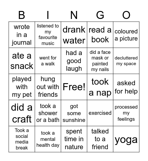 Self care bingo Card