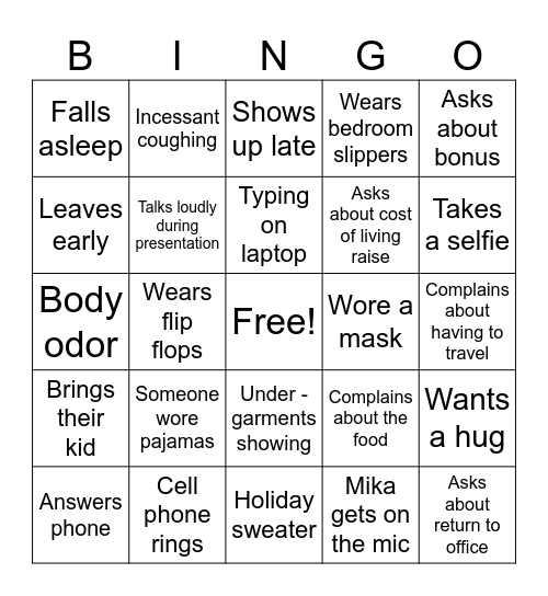 Work Event Bingo Card