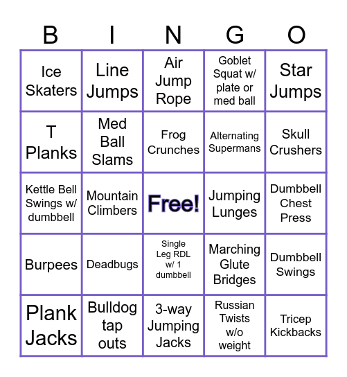 Fitness Bingo Card