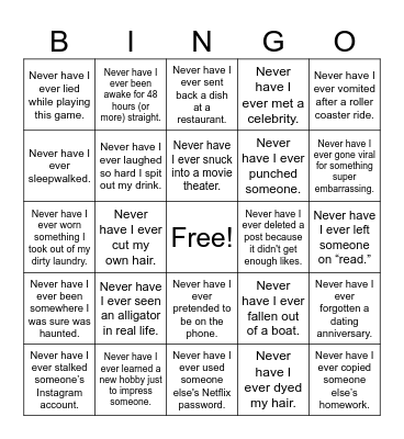 Never have I ever Bingo Card