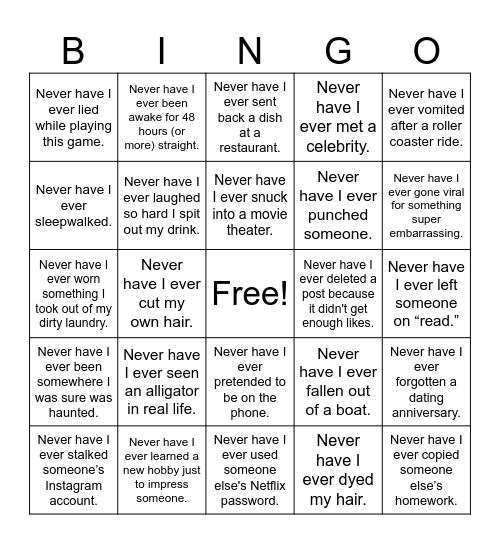 Never have I ever Bingo Card
