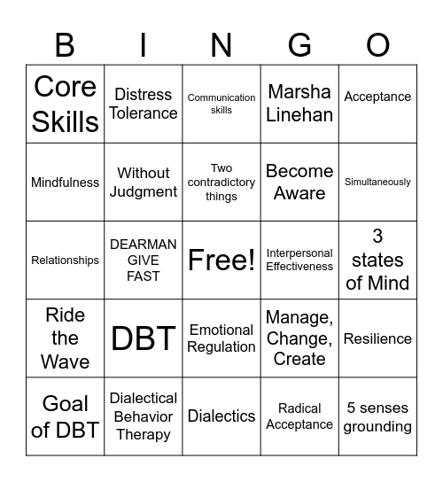 DBT Basics Bingo Card