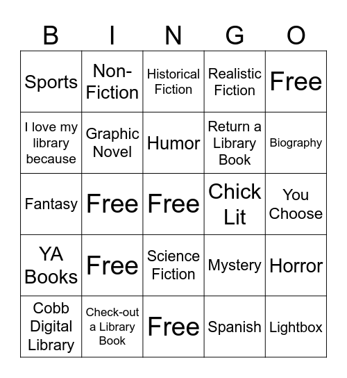 I Love My Library Genres Bingo Card