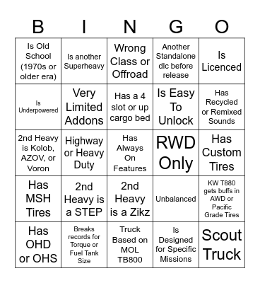 Snowrunner S15 Trucks Bingo Card