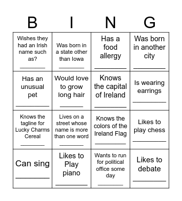 Ireland/Northern Ireland Bingo- Find someone who... Bingo Card