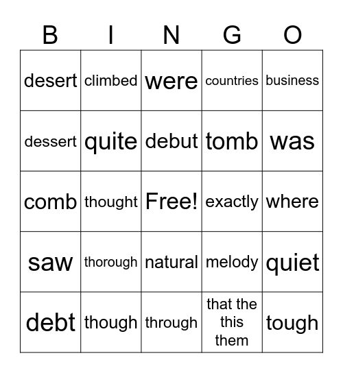 Difficult Red Words Advanced Bingo Card