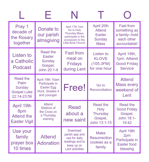 Lent Bingo Card