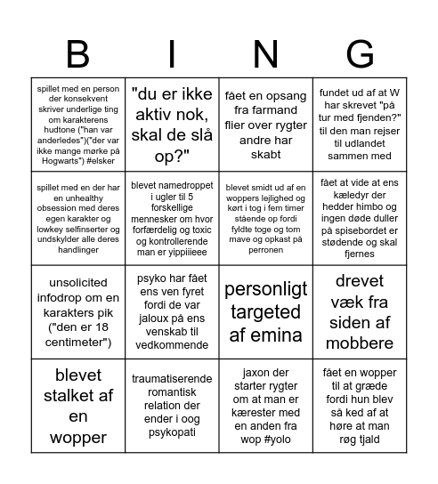WoP Bingo Card