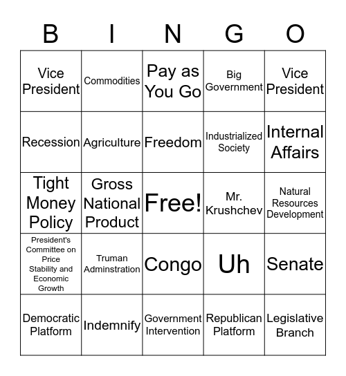 Kennedy Nixon Debate 1960 Bingo Card