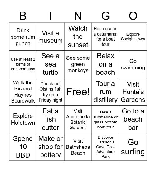Barbados Travel Bingo Card