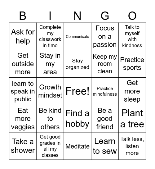 New Years Resolution Bingo Card