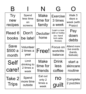 Resolutions Bingo Card