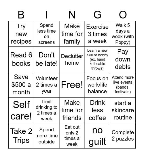 Resolutions Bingo Card