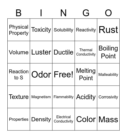 Physical and Chemical Properties Bingo Card