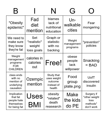 Obesity Class Bingo Card