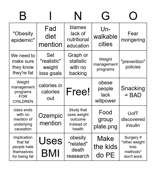 Obesity Class Bingo Card