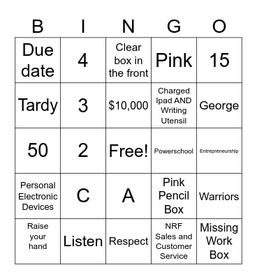 CLASSROOM BINGO Card