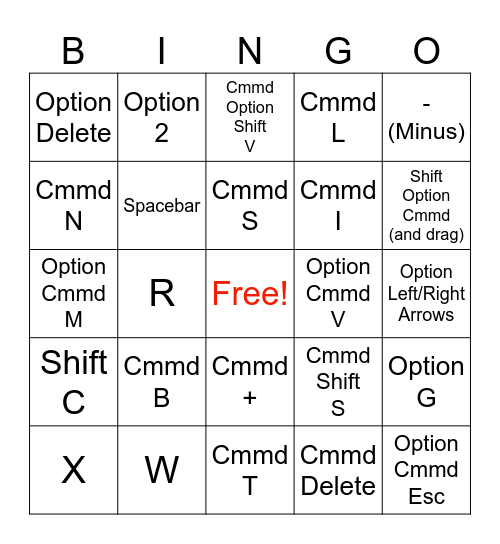 Key Command Bingo Card