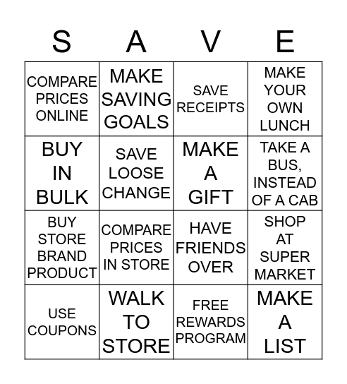 HOW TO SAVE MONEY Bingo Card