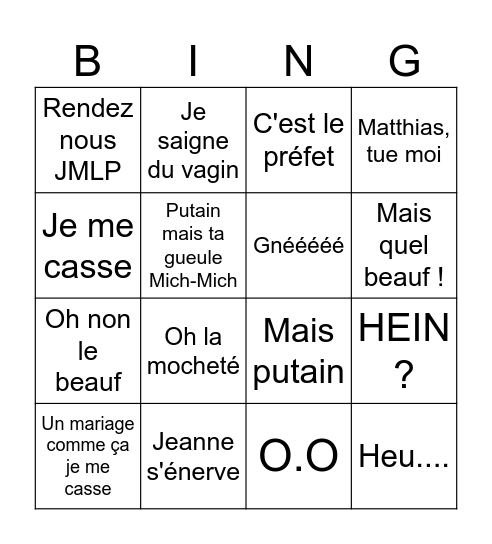 Jeanne Bingo Card