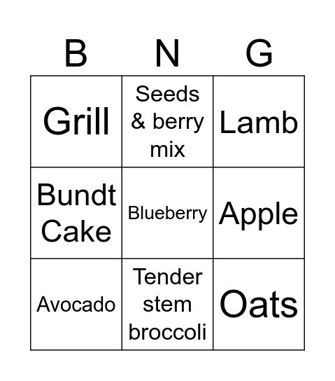 Food Bingo Card