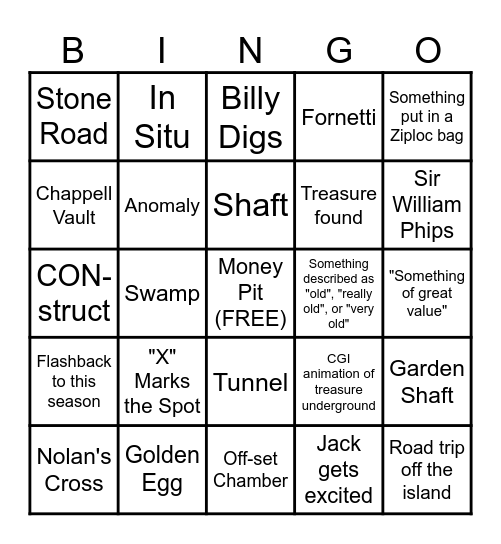 Curse of Oak Island Bingo Card