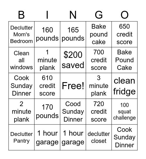 1st Quarter Goals Bingo Card