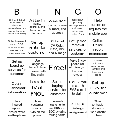 First call resolution @ FNOL Bingo Card