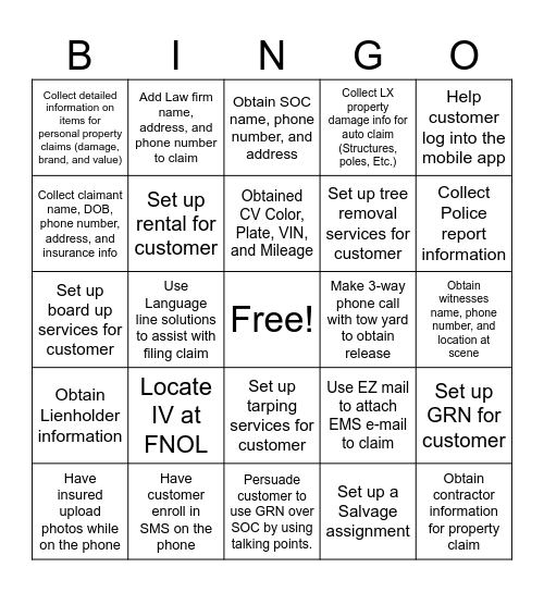 First call resolution @ FNOL Bingo Card