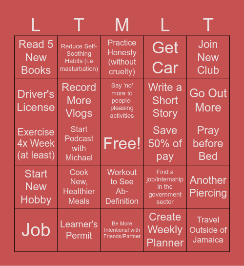 New Year's Goal Bingo Card