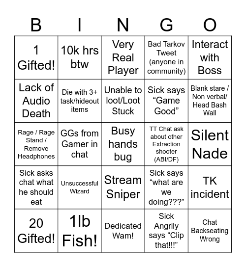 SickDegenerate Tarkov Bingo Card