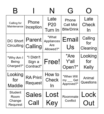 Desk Clerk Housing Bingo Card