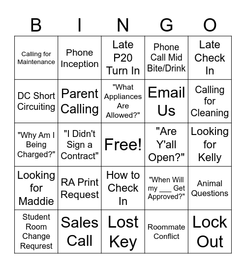 Desk Clerk Housing Bingo Card